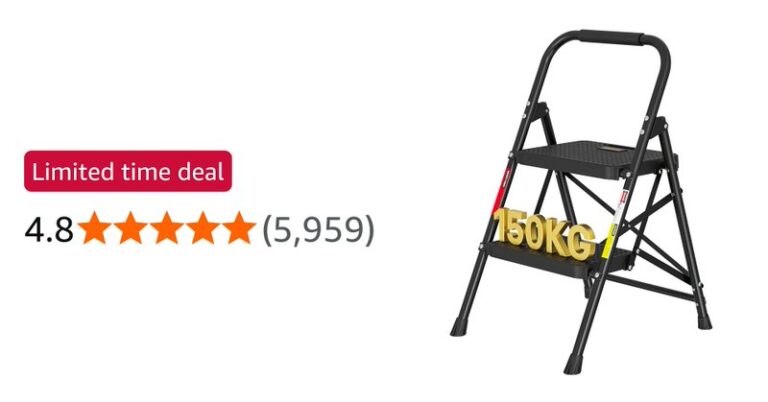 Bontec 2 Step Ladder Folding Steel Stool With Wide Anti Slip Pedals 150kg