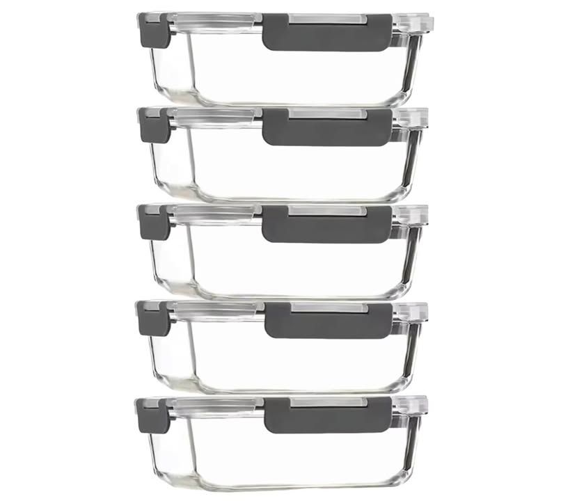 Glass Food Storage Container With Lid 5pcs 1040ml Reusable Airtight Glass