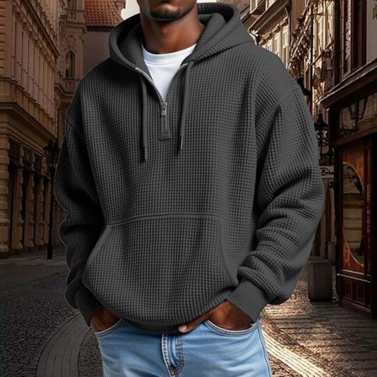 Quarter Zip Hoodie Men Waffle Long Sleeve Running Sports Hooded Jumper Tops