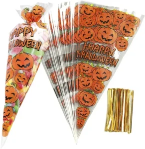 100pcs Pumpkin Cone Bag Halloween Clear Cellophane Treat Bags Party Favor Bags W