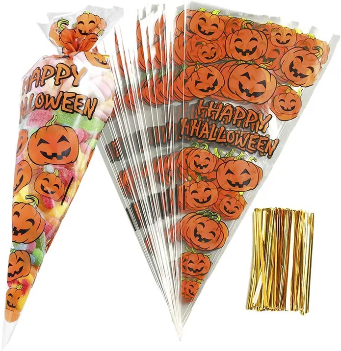 100pcs Pumpkin Cone Bag Halloween Clear Cellophane Treat Bags Party Favor Bags W