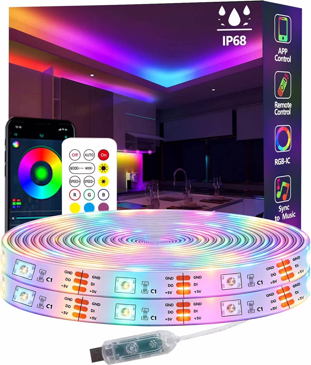 10m Ws2812 Rgb Ic Led Strip Lights Ip68 Outdoor Waterproof 5v USB Powered Music
