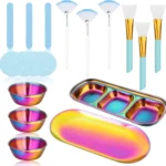 18 Pcs Rainbow Facial Mask Mixing Bowls Supplies Set Stainless Steel Face Makeup Tray Fan Flat Brushes Blue Sponges Cute Slumber Spa Party Supplies for Women Esthetician Skin Care Tools (Rainbow)