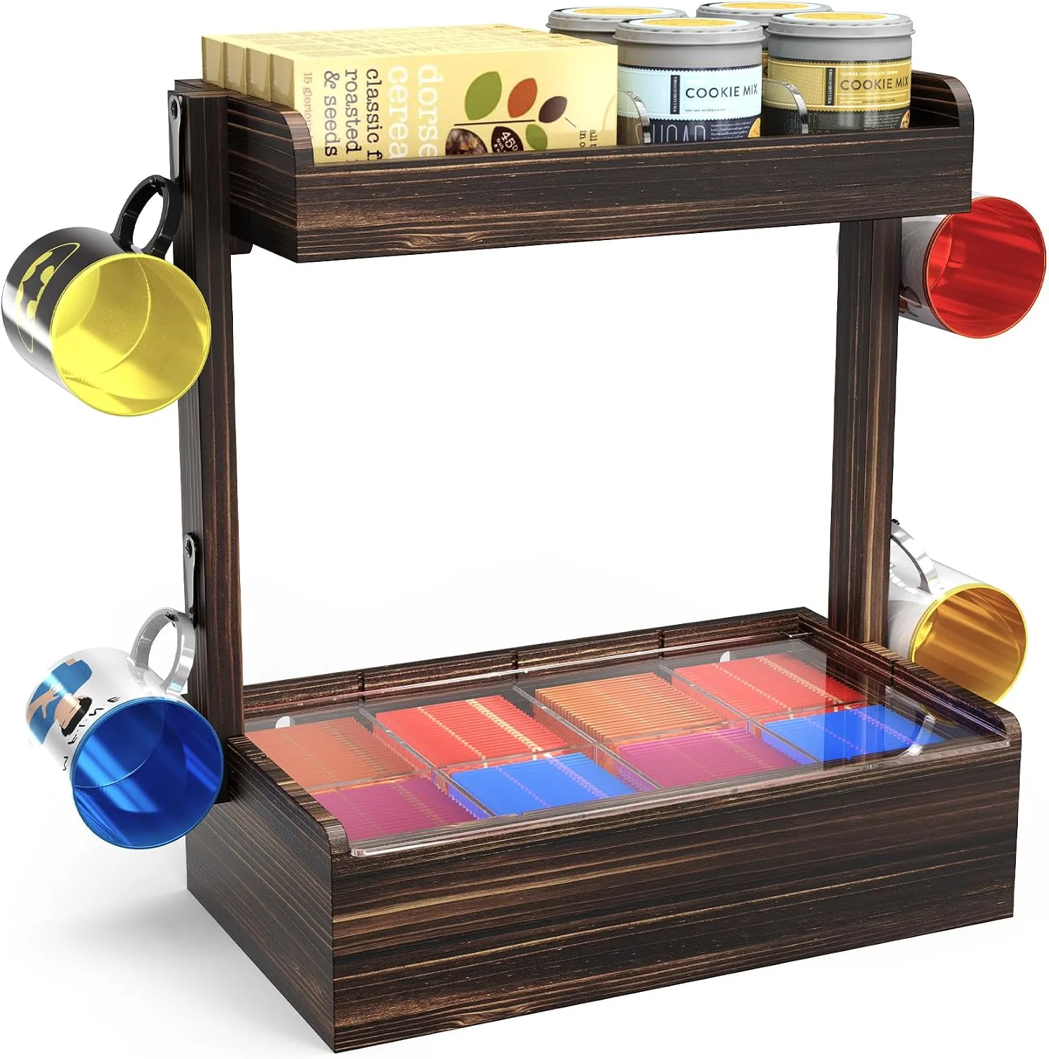 2 Tier Tea Holder Organizer Wall Mount Wooden Tea Storage Box With Lid
