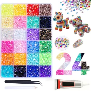 24 Colours Bedazzling Kit With Glue 3mm Flatback Resin Rhinestones For Diy