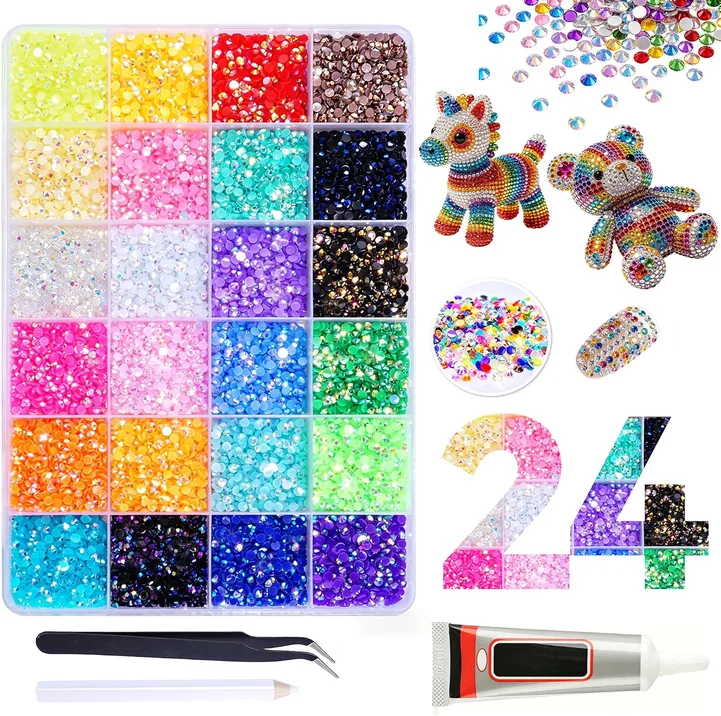 24 Colours Bedazzling Kit With Glue 3mm Flatback Resin Rhinestones For Diy
