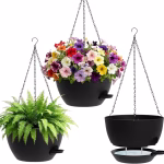 25.4cm Hanging Planters for Indoor Outdoor Plants, 3 Pack Plastic Self Watering Hanging Baskets with Drainage Holes and Chain for Garden Porch (Black)