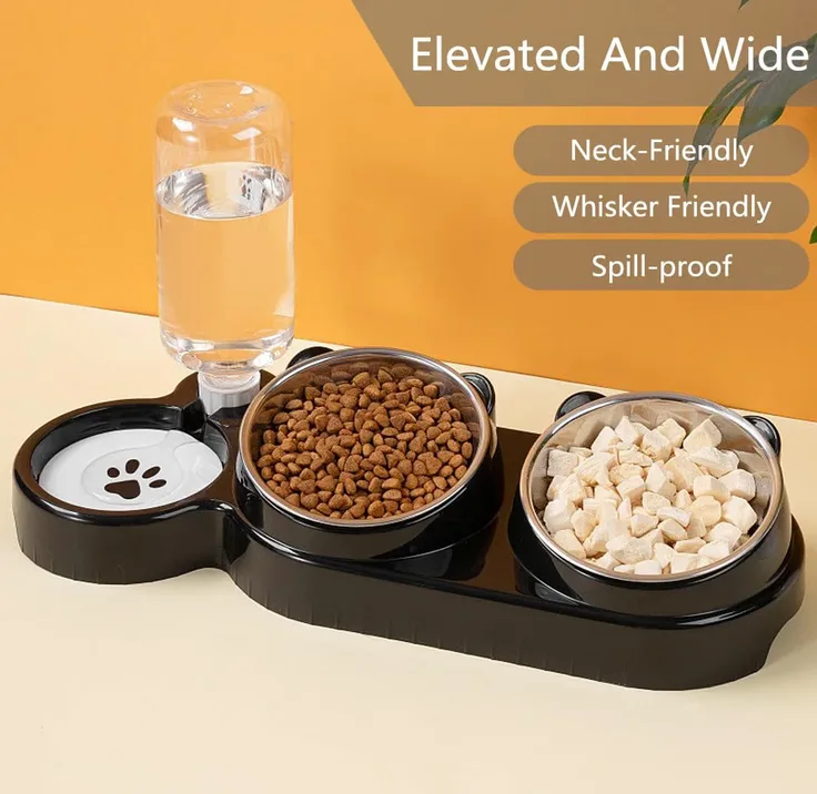 3 In 1 Cat Food And Water Bowl Set Tilted Stainless Steel Bowls With Stand Doubl
