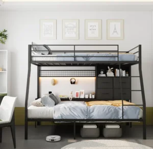 3ft Twin Over Twin Metal Bunk Bed With Led Lights USB Charging Station Storage D
