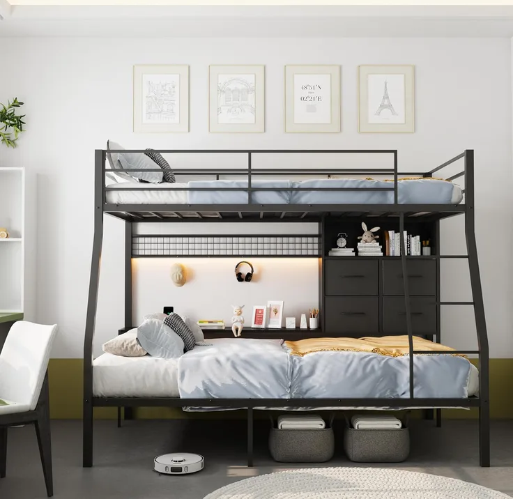 3ft Twin Over Twin Metal Bunk Bed With Led Lights USB Charging Station Storage D