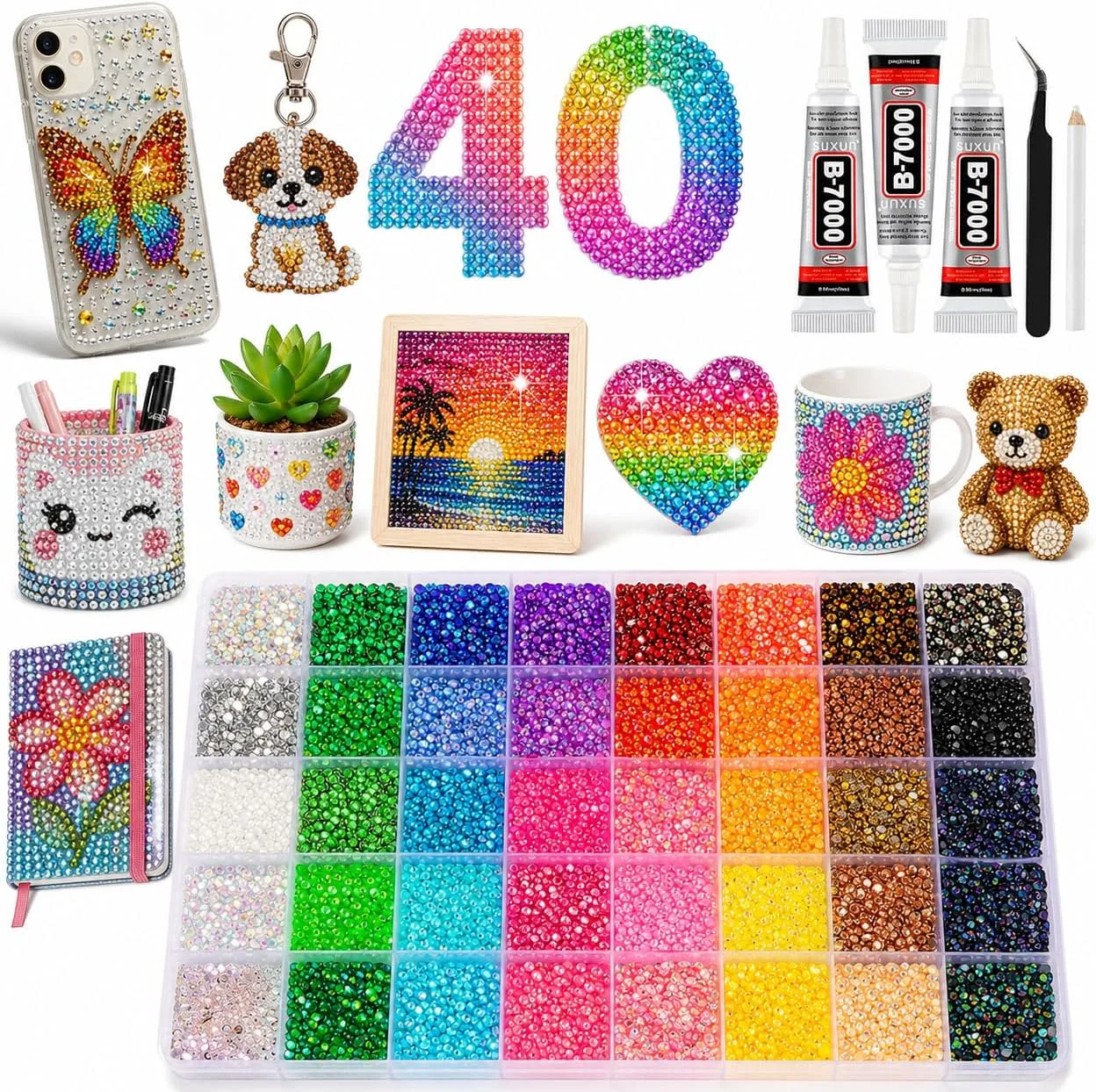 40 Colours Bedazzling Kit With Glue 3mm Flatback Resin Rhinestones For Diy