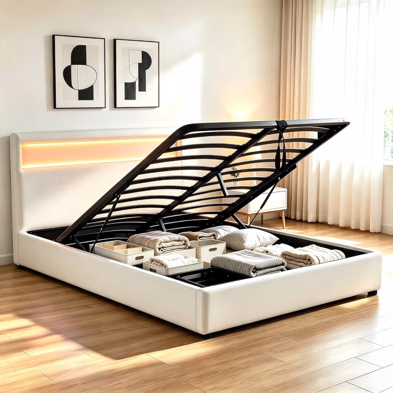 4ft6 Double Faux Leather Ottoman Bed Frame With Storage