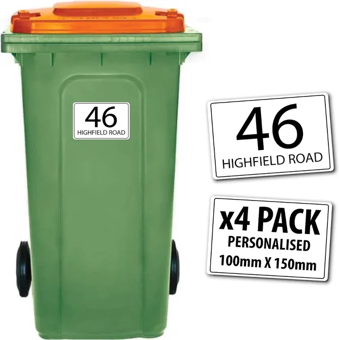 4x Wheelie Bin Stickers Personalised House Number Road Name 100mm X 150mm Weathe