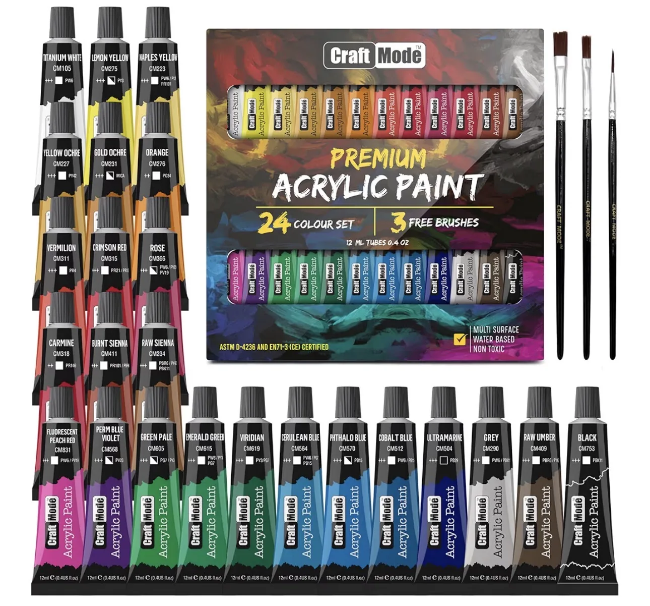 Acrylic Paint Set 24 12ml Perfect For Canvas Wood Ceramic Rock Fabric And Crafts