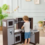 Amazon Basics Kids’ Corner Wooden Kitchen Playset with Interactive Doors, Knobs and Lights, Espresso/Grey, 99 x 71 x 89 cm