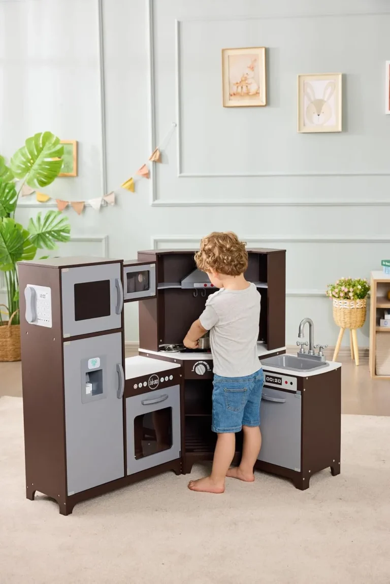 Amazon Basics Kids Corner Wooden Kitchen Playset With Interactive Doors Knobs An