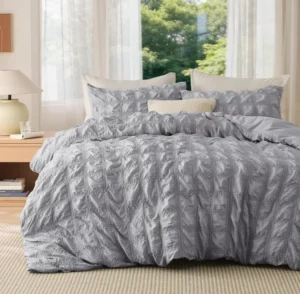 Bedsure Double Duvet Cover Set Seersucker Bedding Grey 200x200 Cm