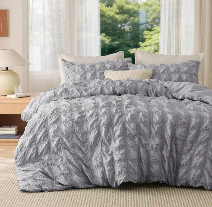 Bedsure Double Duvet Cover Set Seersucker Bedding Grey 200x200 Cm