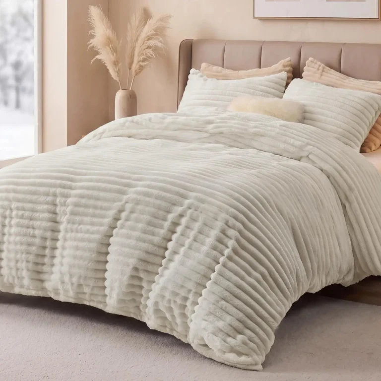 Bedsure Double Duvet Cover Sets Teddy Fleece Bedding Set Stripe Beige