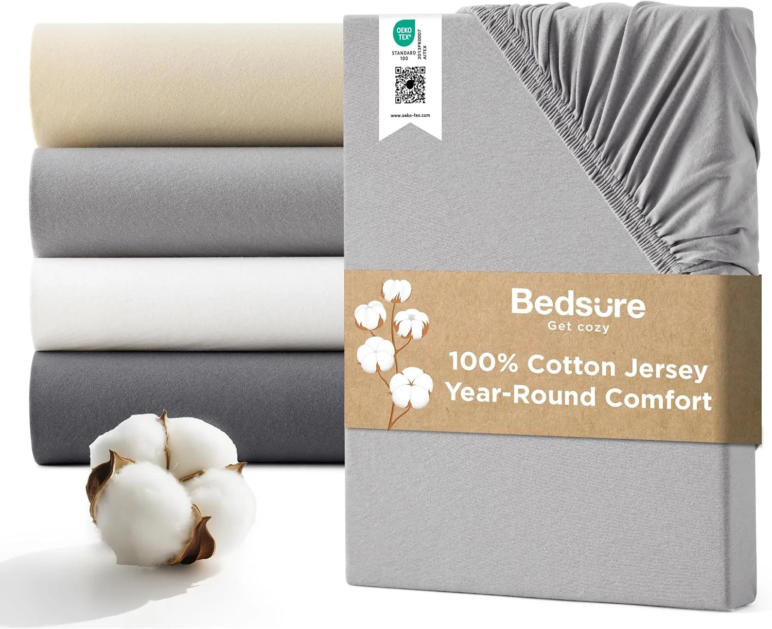 Bedsure King Size Fitted Sheet 100 Cotton Jersey 40cm Deep Grey