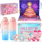 Birthday Gift Box for Girls Aged 6-15, 8-Piece Set with Water Bottle, Pop-Up Musical Cake Card, Pearl Necklace, Makeup Pouch, Socks, and Hair Scrunchies