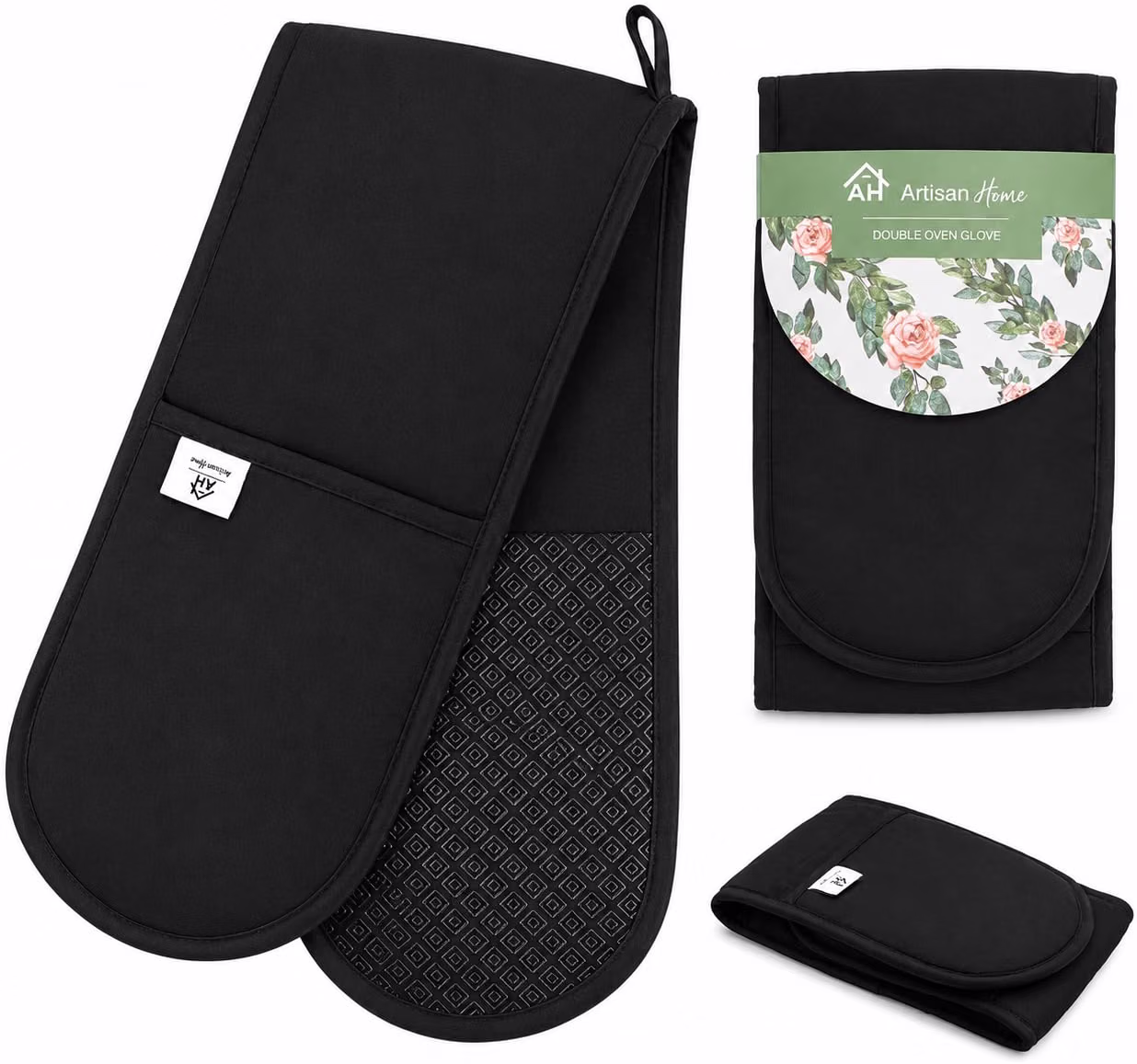 Black Double Oven Gloves Heat Resistant Silicone Oven Mitts Pair Non Slip Silico