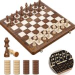 Chess Set, 16" Wooden Magnetic Chess Board with Checkers