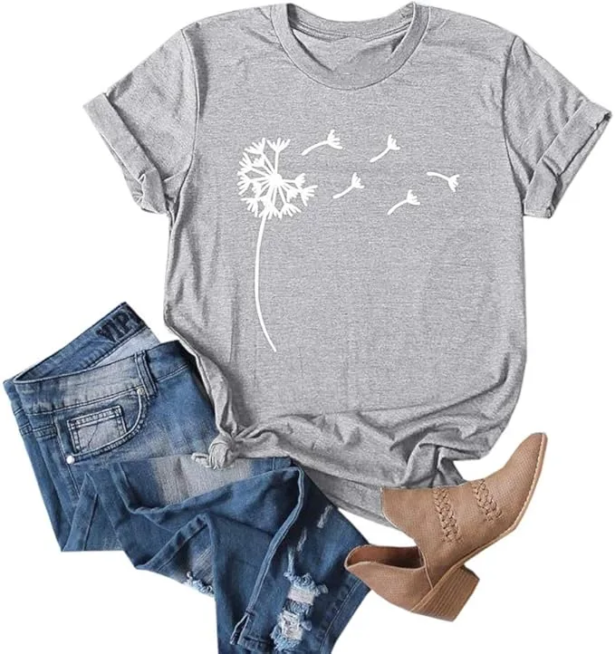 Cicy Bell Women S Dandelion Print T Shirts Cute Graphic Tees Crew Neck Short Sle