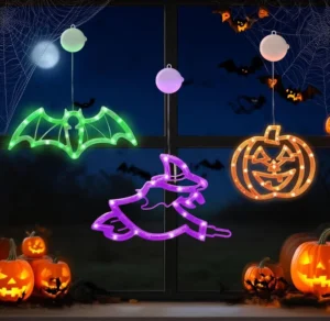 Cnmttco Halloween Window Lights With Timer Orange Pumpkins Green Bat And Purple