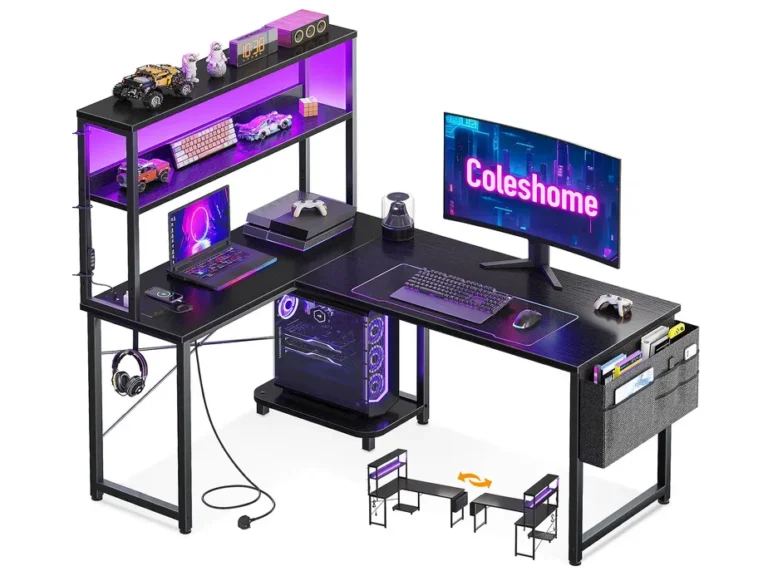Coleshome L Shaped Gaming Desk With Led Lights And Power Outlet Black