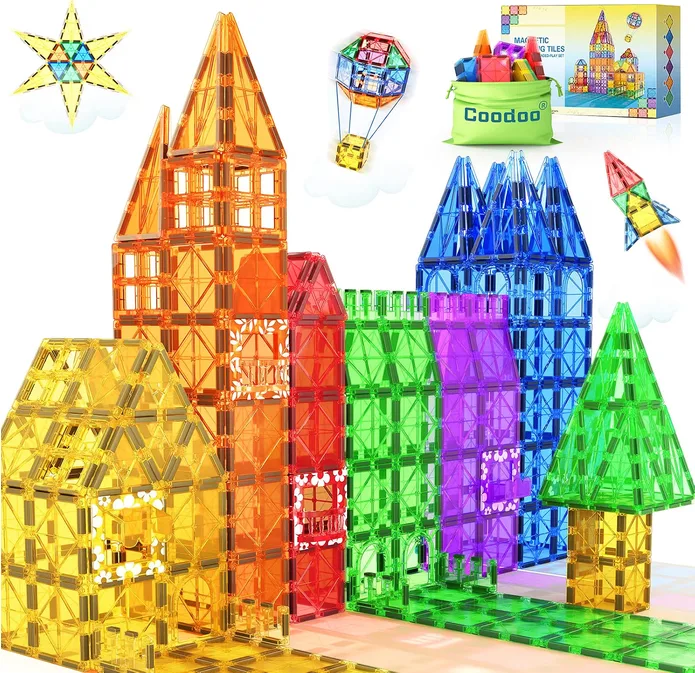 Coodoo 60 PCs Magnetic Tiles Stem Magnetic Blocks Sensory Toys Kids Games Magnet