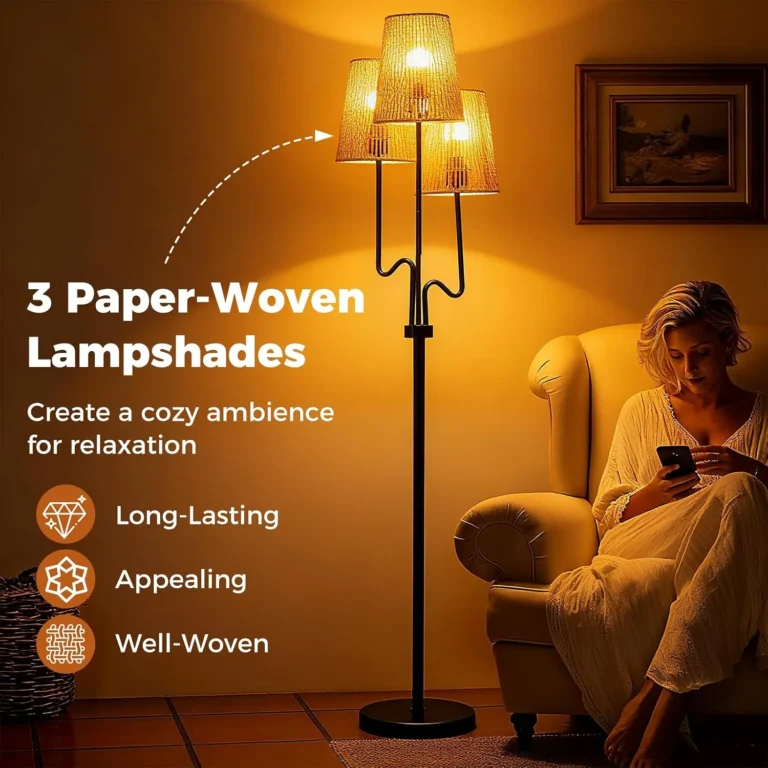 Costway 3 Light Floor Lamp Standing Corner Lamp With 3 Boho Paper Woven Lampshad