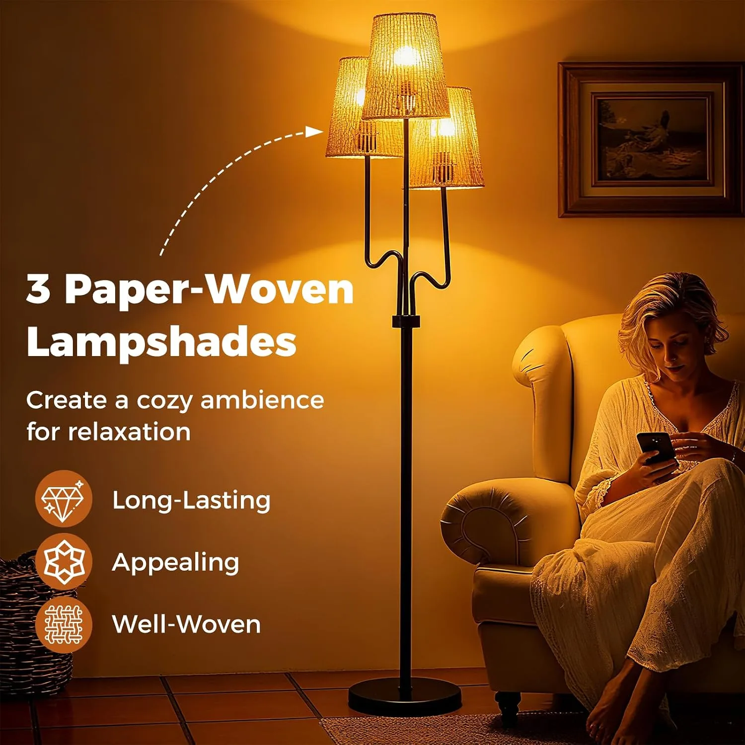 Costway 3 Light Floor Lamp Standing Corner Lamp With 3 Boho Paper Woven Lampshad