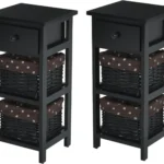 COSTWAY Bedside Table, Paulownia Wood Nightstand Sofa Side Tables with Wooden Drawer and 2 Wicker Baskets, Shabby Chic Bedside Cabinet End Table for Living Room Bedroom (2, Black)