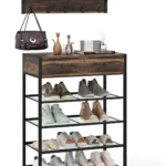 COSTWAY Shoe Stand Coat Rack Set, Industrial Entryway Foyer Console Table with Wall-Mounted Rack, Hooks, Drawers & Shelves, Metal Frame Wooden Hallway Furniture Set