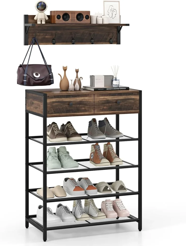 Costway Shoe Stand Coat Rack Set Industrial Entryway Foyer Console Table With Wa