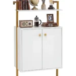 COSTWAY Wall Mounted Bookshelf with 2-Doors Cabinet (White+Gold)