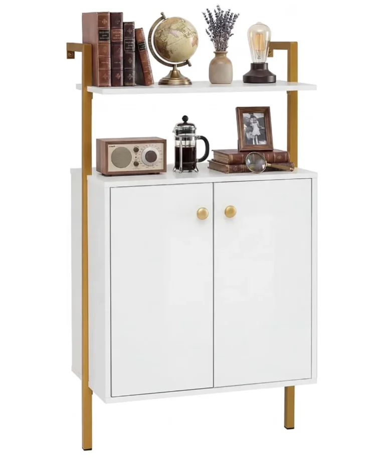 Costway Wall Mounted Bookshelf With 2 Doors Cabinet White Gold