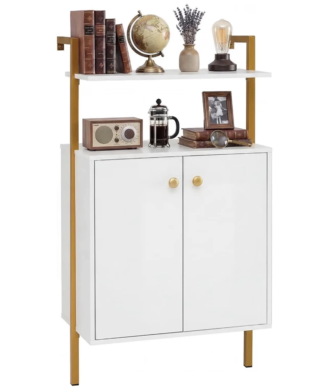 Costway Wall Mounted Bookshelf With 2 Doors Cabinet White Gold