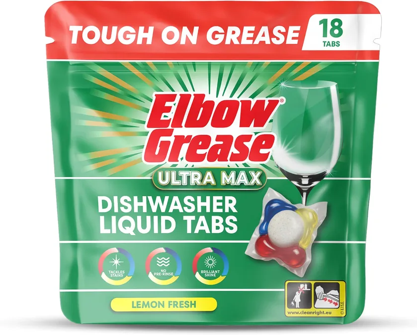 Elbow Grease Ultra Max Liquid Dishwasher Tablets Lemon 18 Tabs
