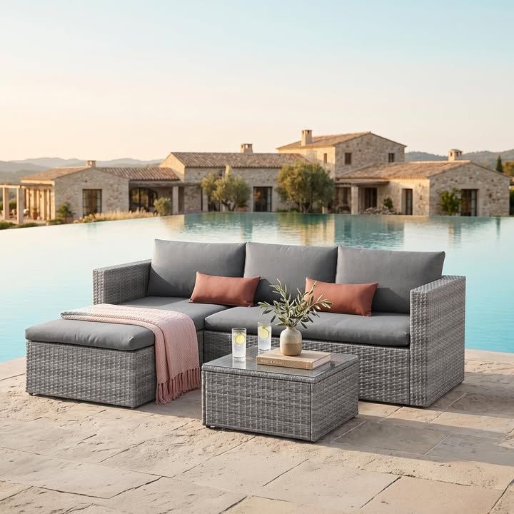 EVRE Malibu Rattan Garden Furniture Set Outdoor Furniture with 3 Seater Wicker Weave Lounge Sofa 1 Ottoman Footstool and Glass Top Coffee Table, Grey.
