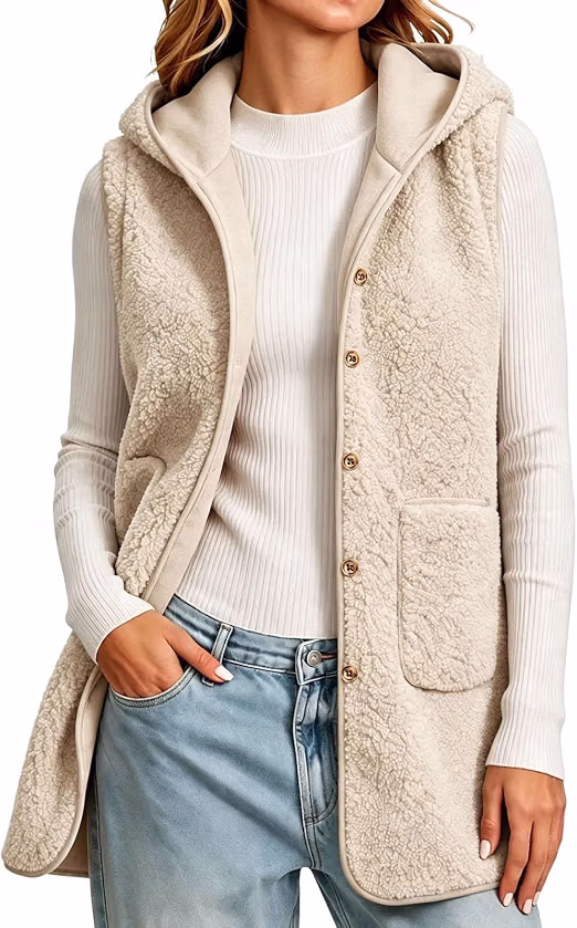 Fleece Gilet Women Long Teddy Fleece Hooded Gilet Button