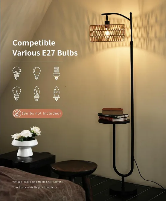 Floor Lamp Rattan With Table Adjustable Height 152 176cm