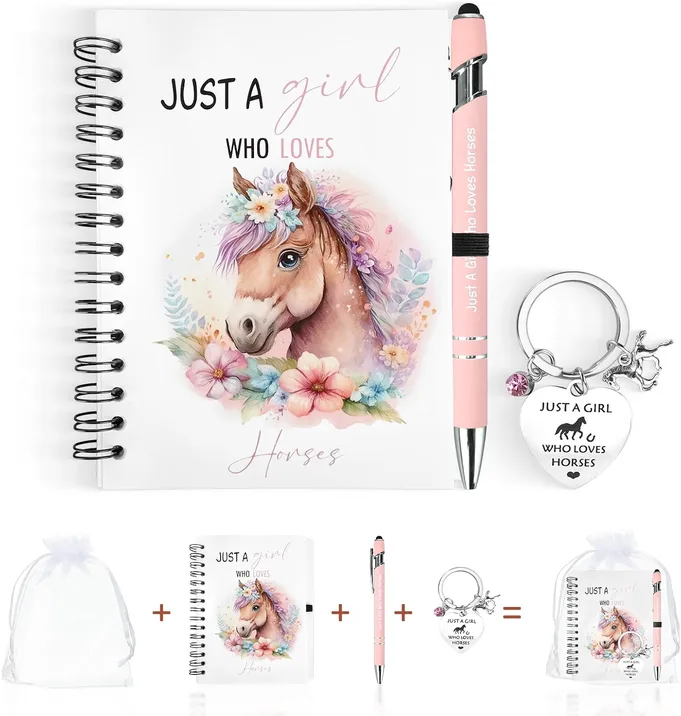 GADITIEK Horse Gifts for Girls – “Just a Girl Who Loves Horses” Notebook, Pink Pen & Horse Keychain – Cute Horse Stationery Set for Girls Who Love Horses (pink（horses）)