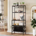 GiantexUK 4-Tier Wine Rack, Freestanding Microwave Stand with Power Outlet, 24 Bottle Holders, Glass & Mug Holders and 10 Hooks, Metal Frame Baker’s Rack for Kitchen Dining Room