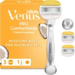 Gillette Venus Pro ComfortGlide Coconut Scented Women’s Razor with Olay Moisturiser, 1 Refill Razor Cartridges, Reusable Metal Handle and Shower Holder