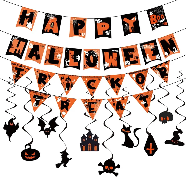 Halloween Decorations Party Supplies - Reusable Happy Halloween Banner, Trick or Treat Sign, Spooky Hanging Decor, Haloween Party Indoor & Outdoor Decoration