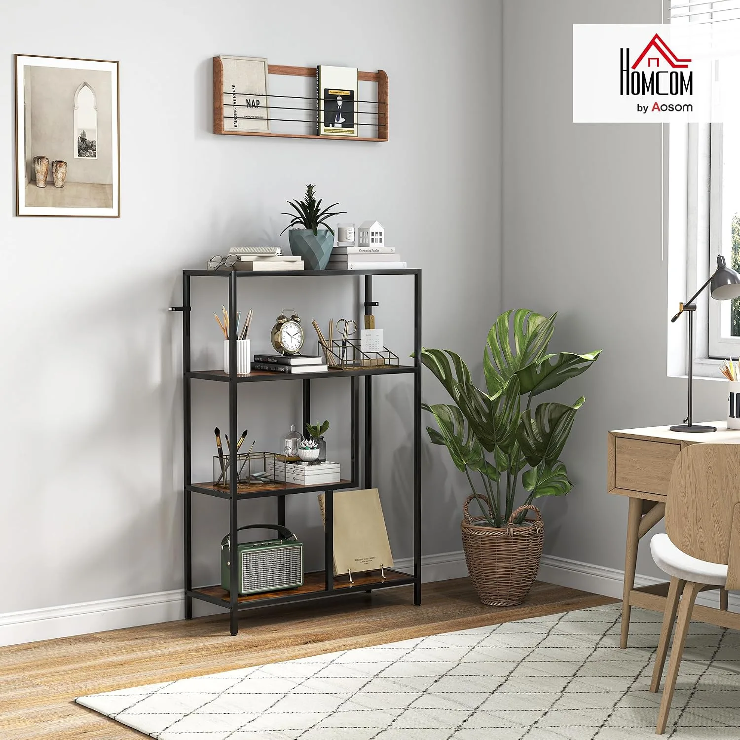 Homcom 4 Tier Bookshelf Industrial Bookcase With Metal Frame Rustic Brown