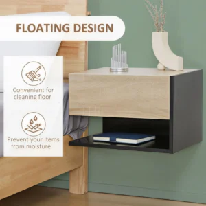 Homcom Floating Bedside Table Modern Wall Mounted 46 X 30 X 30 Cm Oak Tone