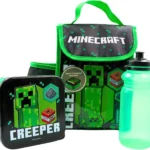 HOX Minecraft Creeper Kids Lunch Bag Set with Insulated Lunchbag, 400ml Bottle & Snack Box – Official Minecraft School Lunch Box Set for Boys & Girls